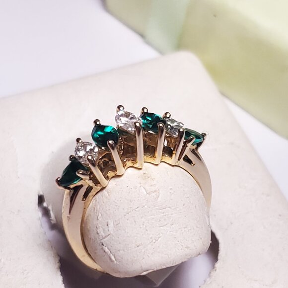 Estate 1.16ctw Natural Mq Dia &Lab Created Emerald 14Kt YG Anniversary Ring23118 - Picture 3 of 6